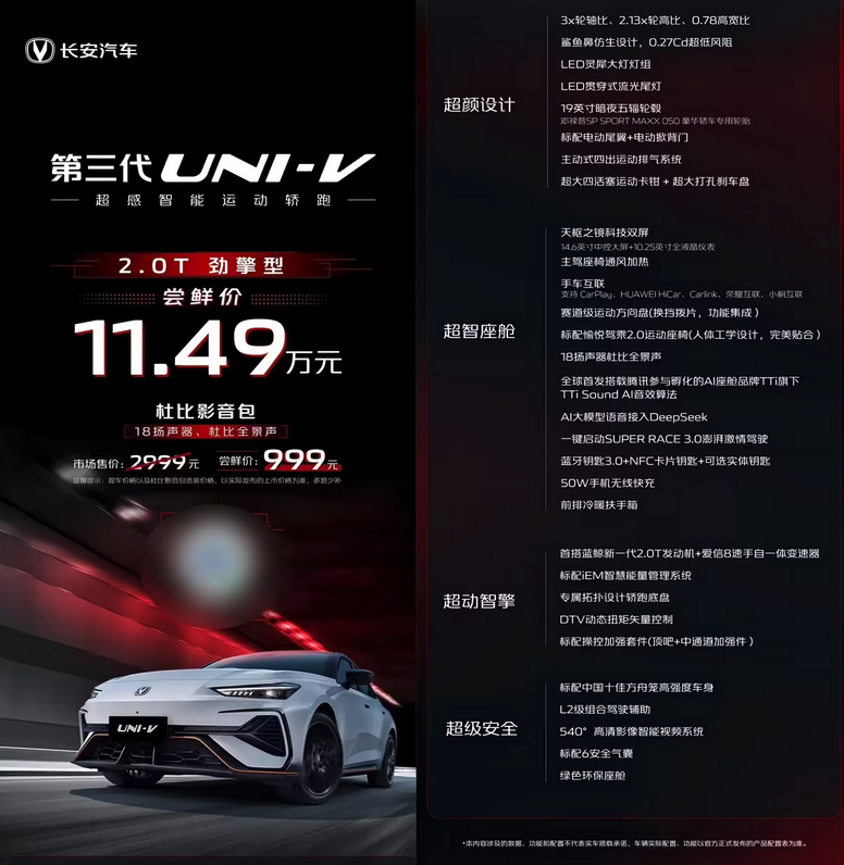 第三代长安UNI-V车型开启预售：2.0T 劲擎型尝鲜价11.49万